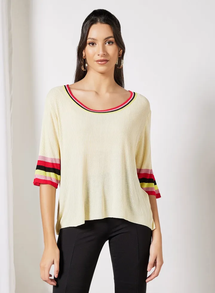 Stripe Trim Sweater Beige