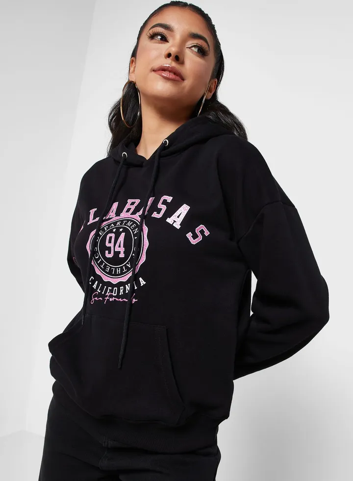 Slogan Hoodie With Glitter Print