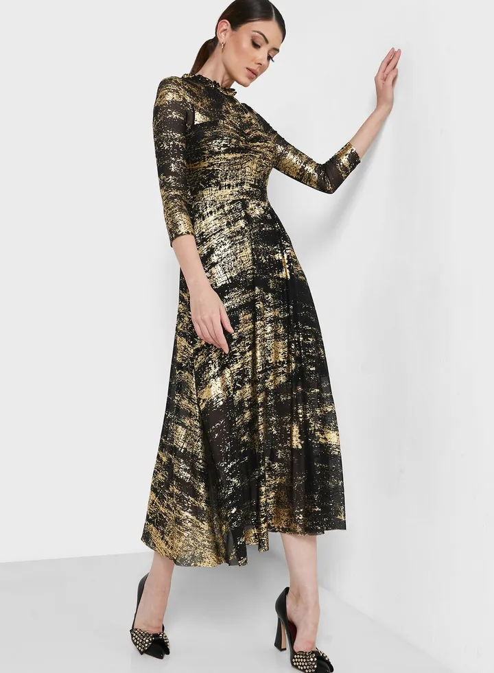 High Neck Ruffle Foil Dress
