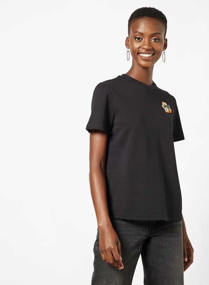 Embroidered Magnolia Motif T-Shirt