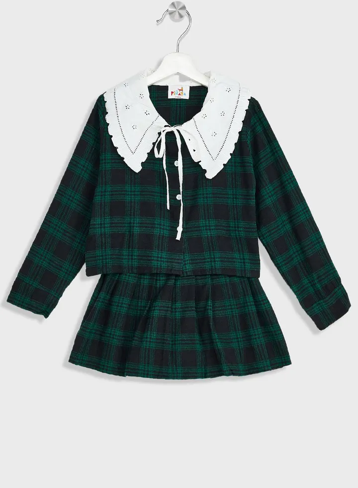 Girls Plaid Shirt And Pleated Skirt Set