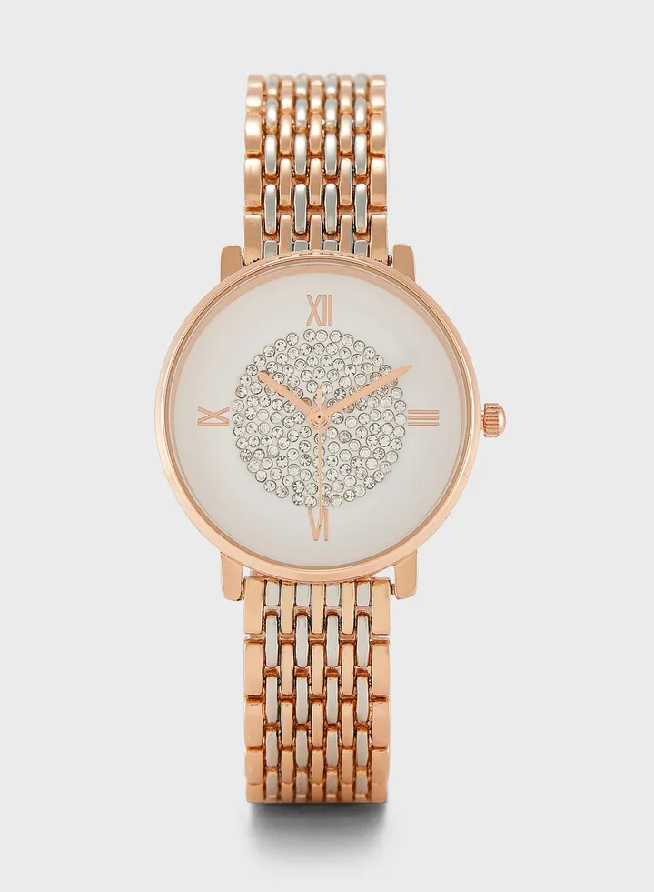 Crystal Dial Analogue Metal Strap Watch