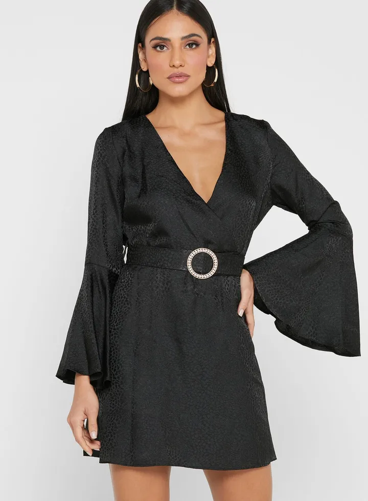 Flute Sleeve Belted Dress