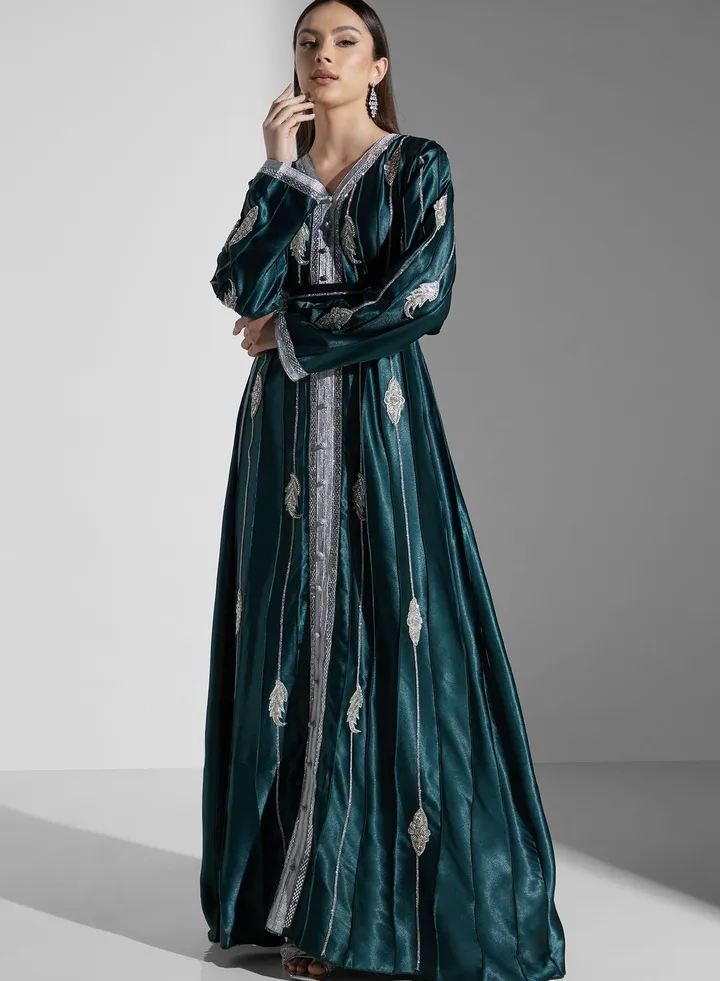 Embellished V-Neck Belted Dress