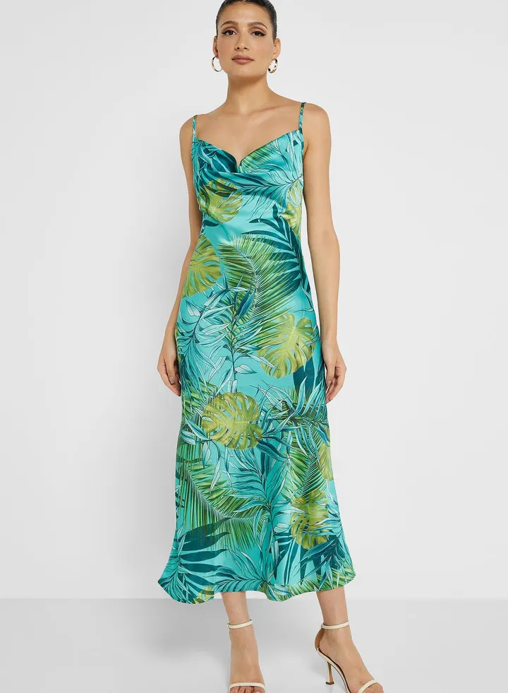 Cowl Neck Printed Strappy Dress
