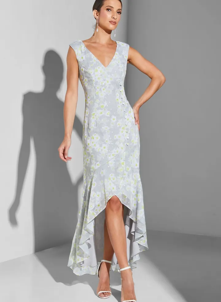 V-Neck Floral Print High Low Dress