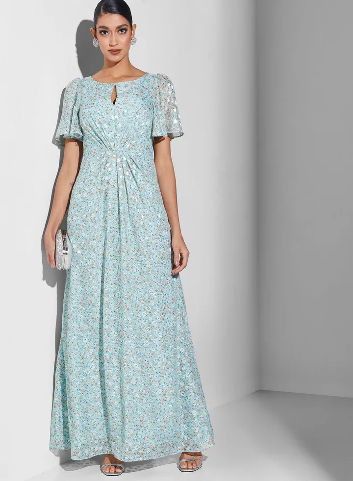 Ruched Floral Lace Detail Maxi Dress