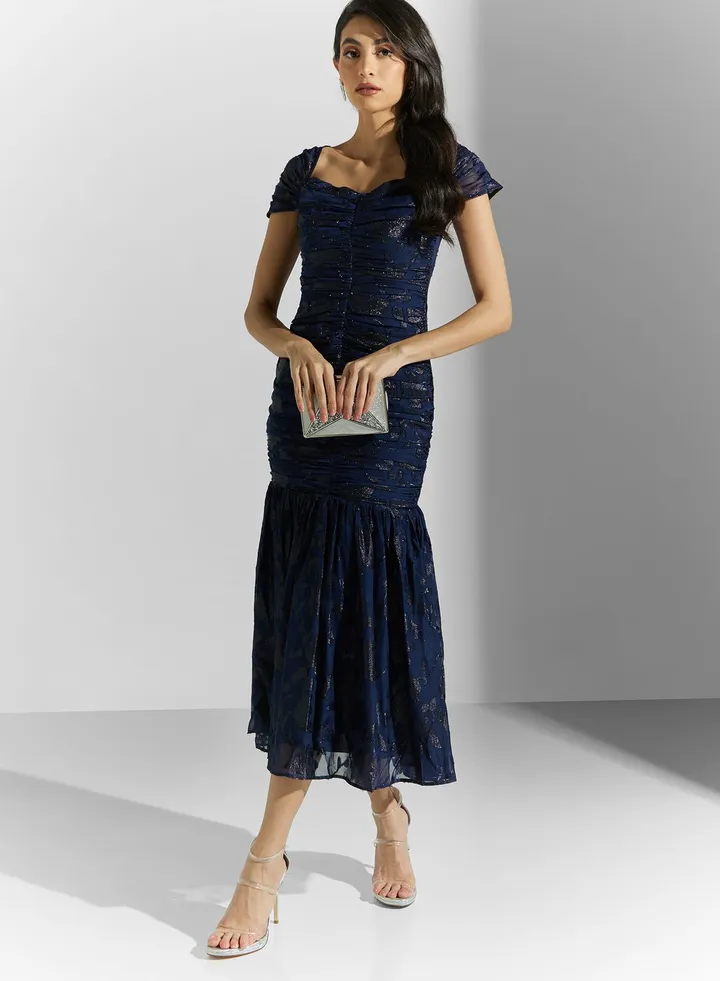 Ruched Cap Sleeve Tiered Dress
