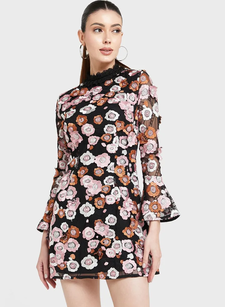 Floral Print Lace Detail Dress