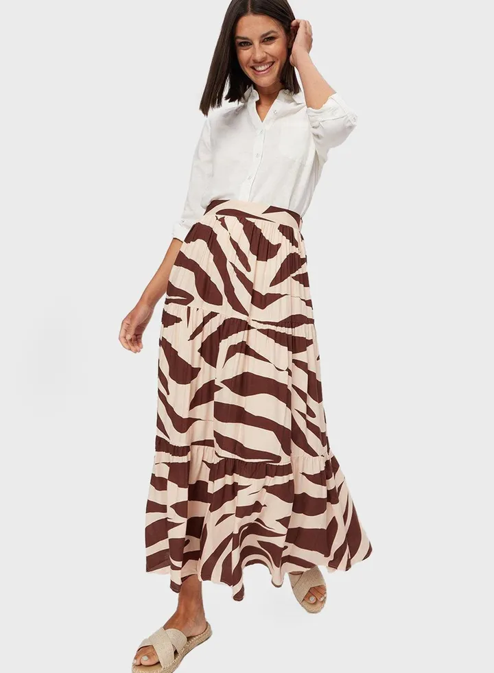 High Waist Printed Tiered Skirt