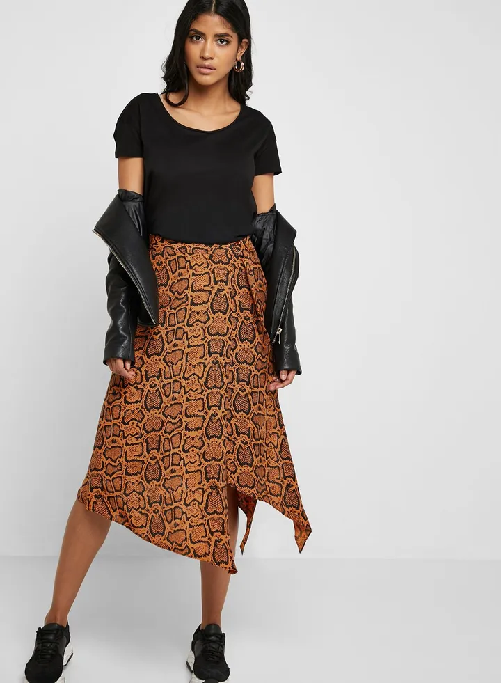 Snake Print Belted Midi Skirt