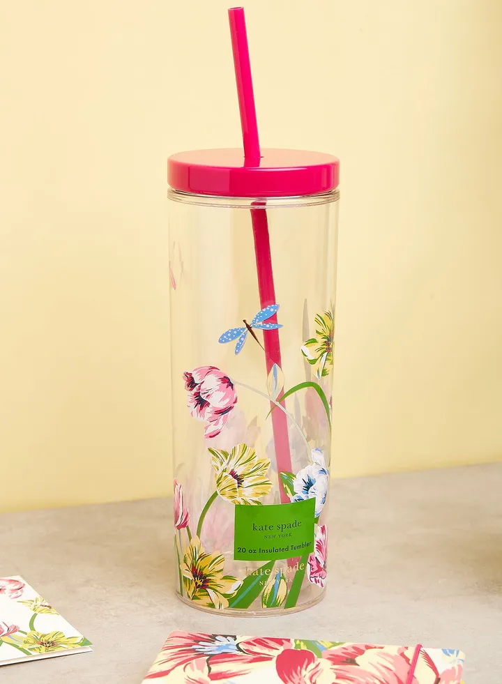 Acrylic Tumbler With Straw, Dragonflies And Tulips