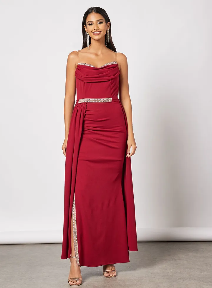Strapless Cowl Neck Overlay Dress