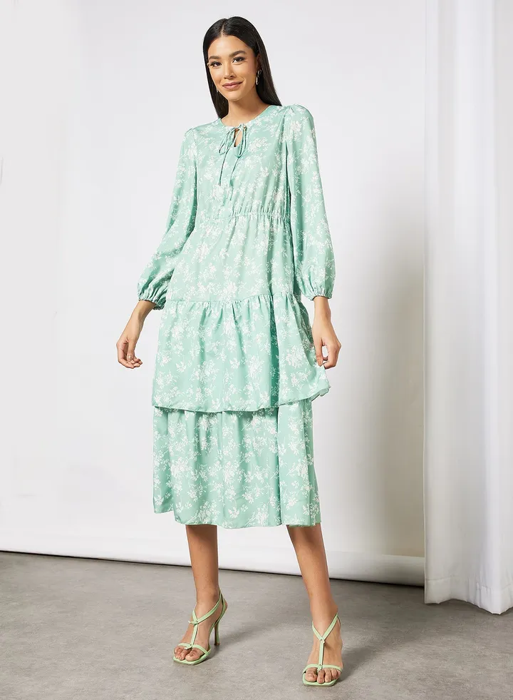 Floral Print Puff Sleeve Dress Green
