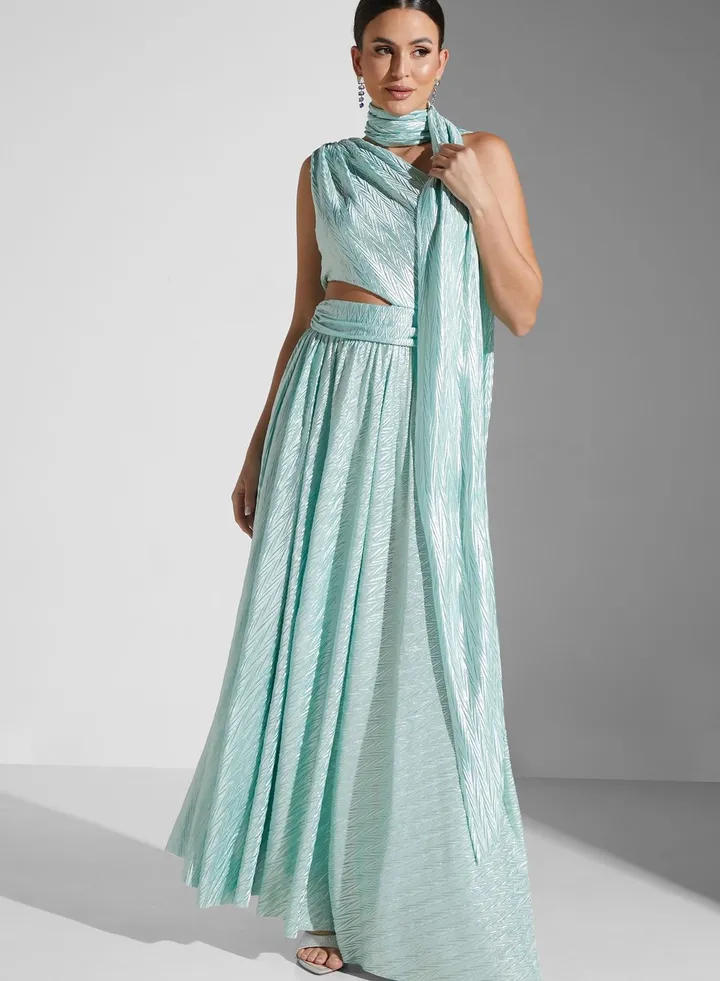 Hadia Ghaleb One Shoulder Cutout Detail Shimmer Dress
