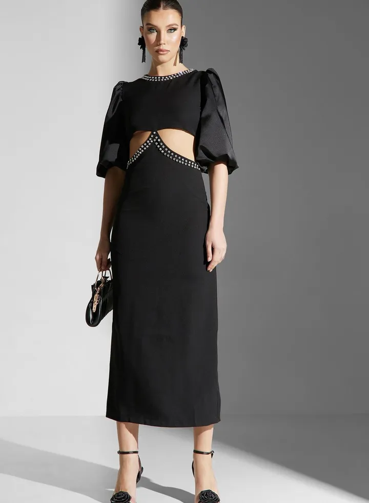 Shouq Waist Cut Out Statement Puff Sleeve Dress