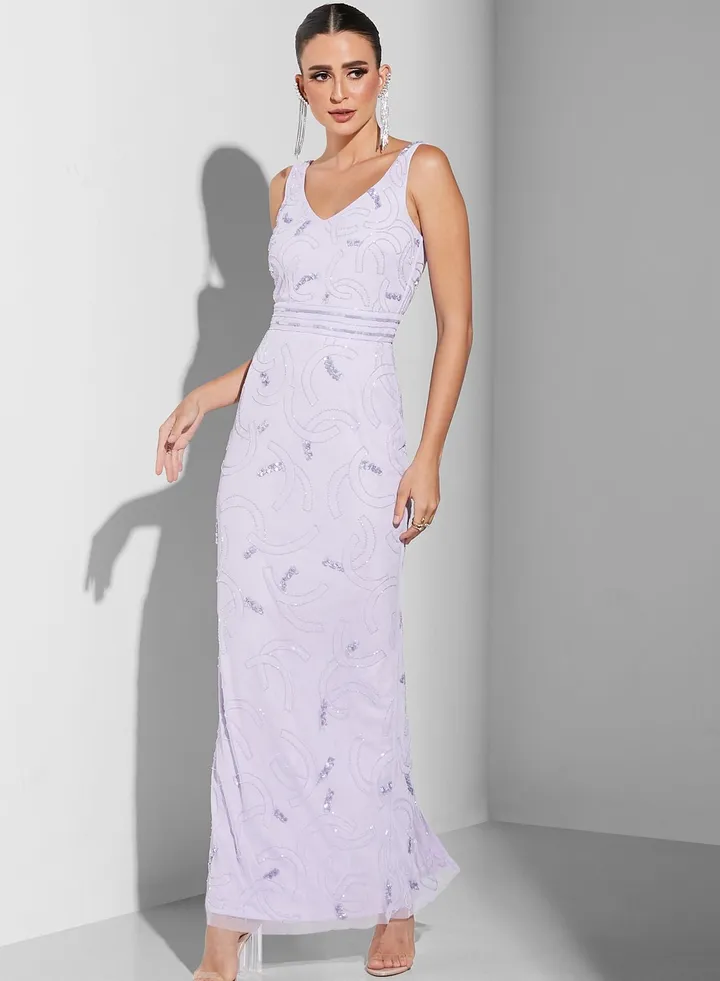 Leen Aboushaar Embellished V Neck Dress