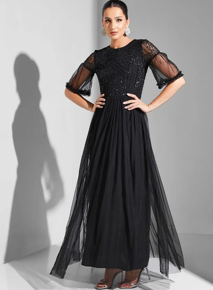 Embellished Bodice Dress With Ruffle Sleeves