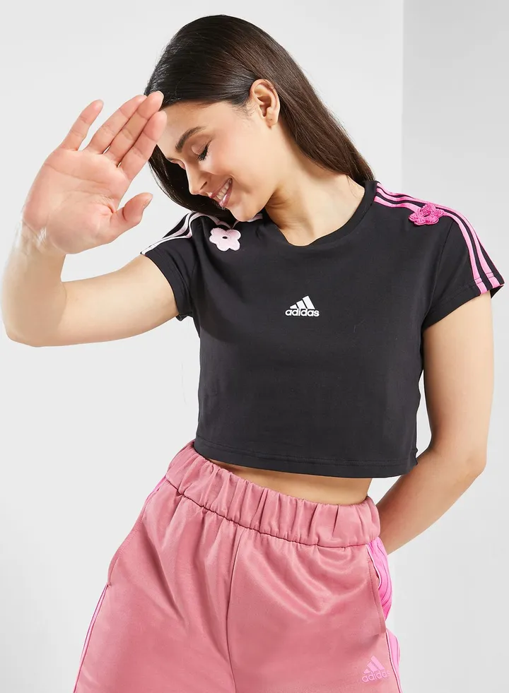 3 Stripe Flower Print Cropped T-Shirt
