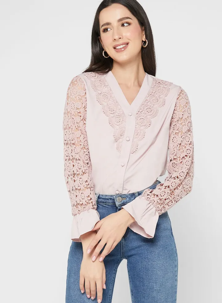Crochet Trim Cuff Sleeve Detail Blouse