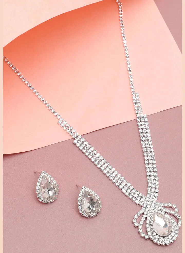 Silver Plated Party Designer Stone Necklace and Earring Set For Women