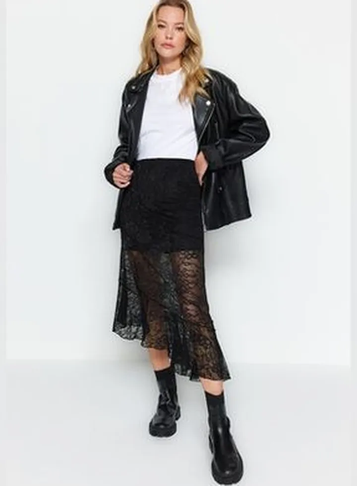 Black Asymmetrical Midi Lined Knitted Lace Skirt TWOAW24ET00331