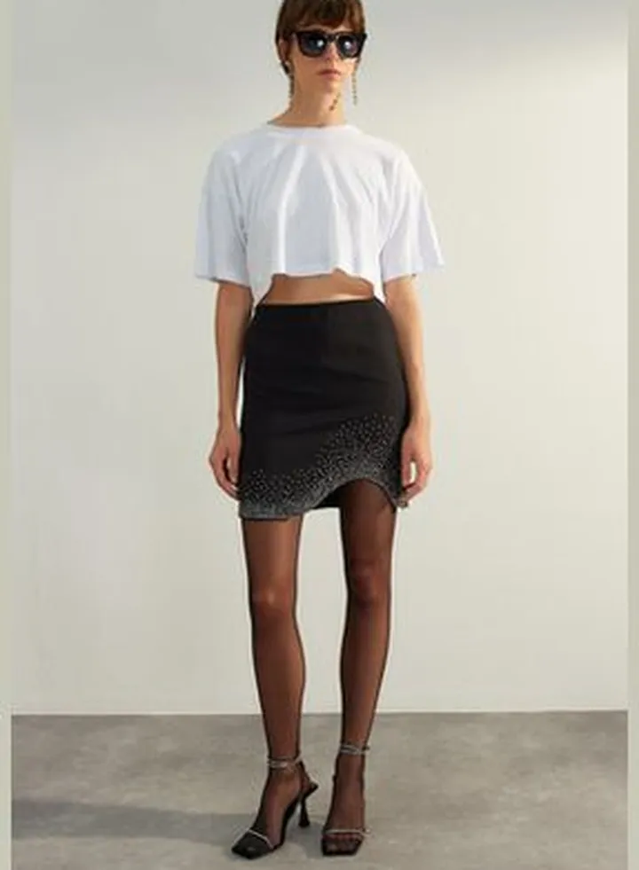 Black Stones Printed Fitted Skirt TPRAW24ET00009