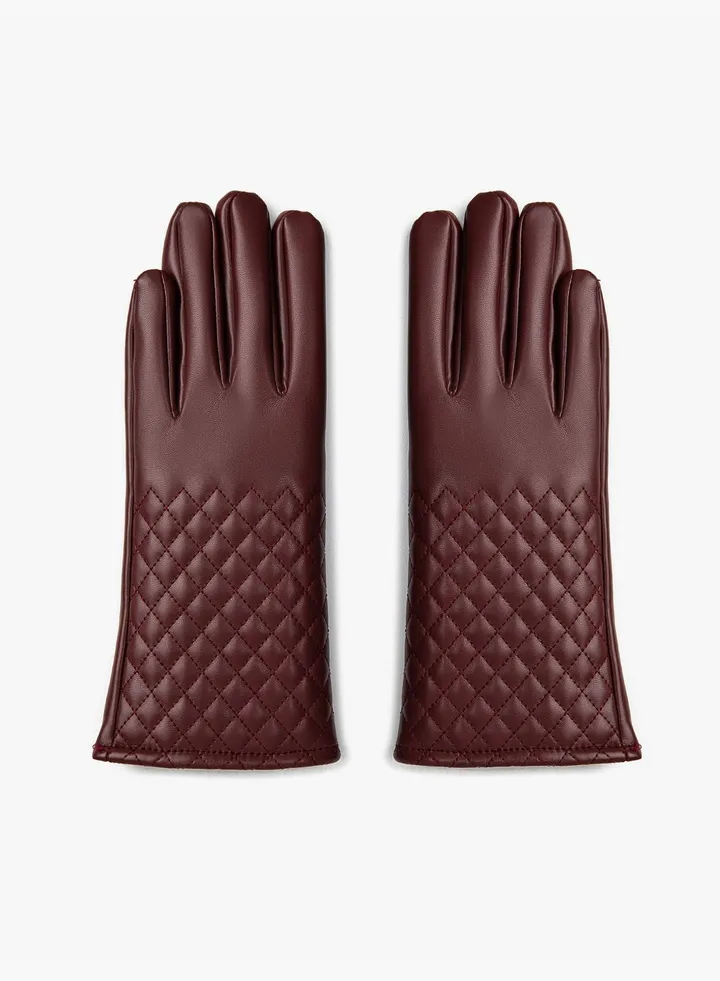 Faux Leather Gloves Quilted Detail Plush Lined