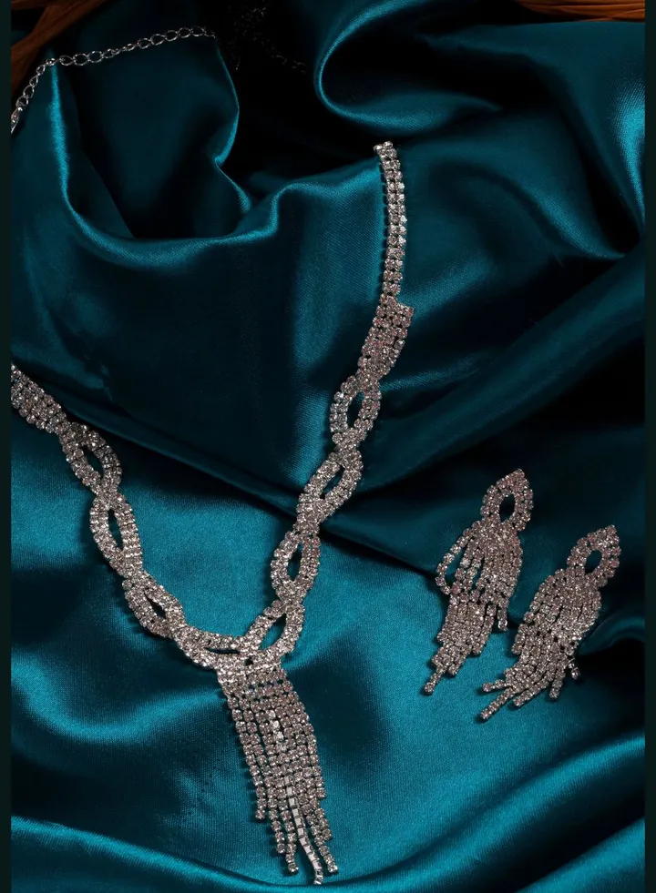 Silver Plated Designer Stone Necklace and Earring Set