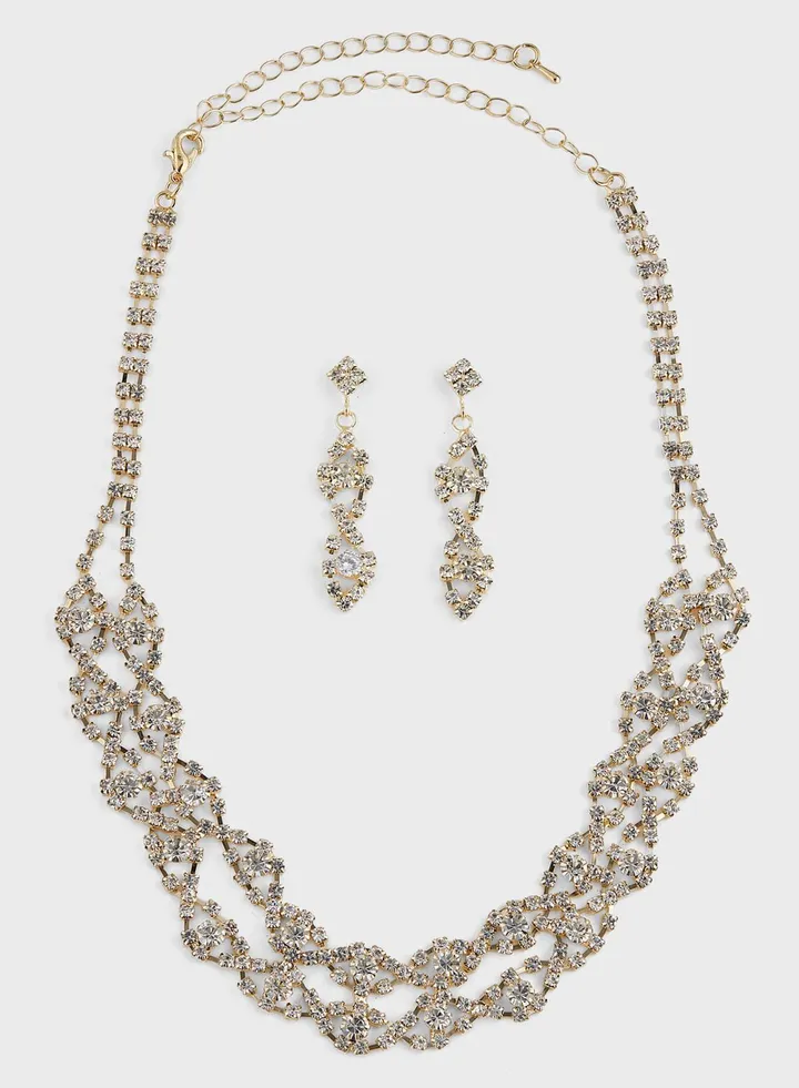 Rhinestone Necklace & Drop Earring Set