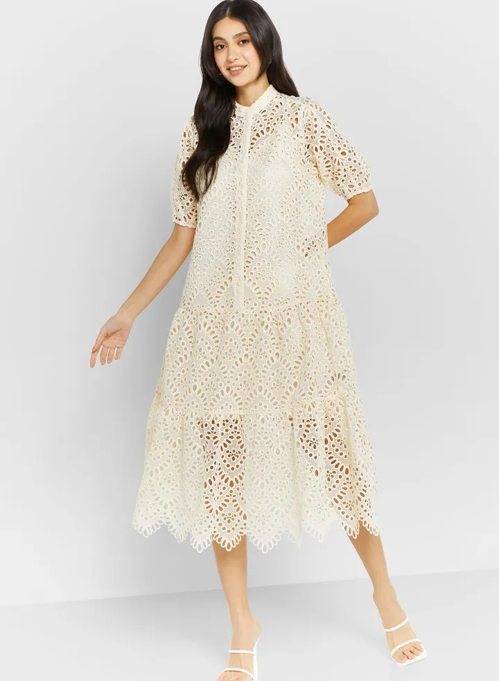 Broidered Puff Sleeve Dress