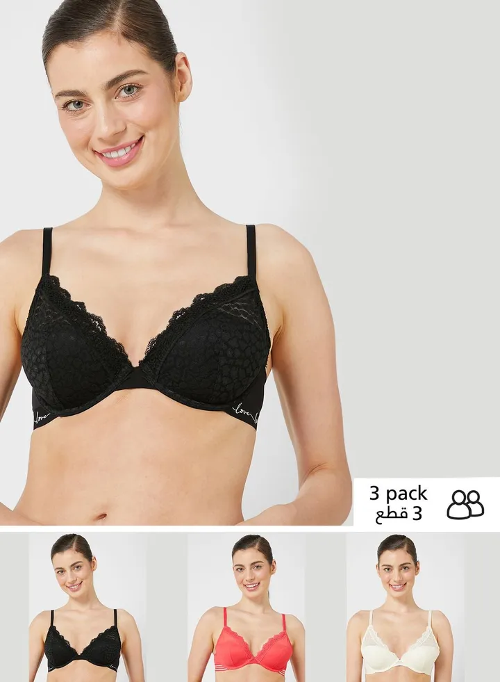 3 Pack Lace Trim Wired Plunge Bra