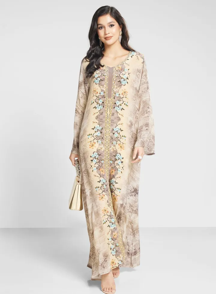Floral Printed Lace Detail Jalabiya