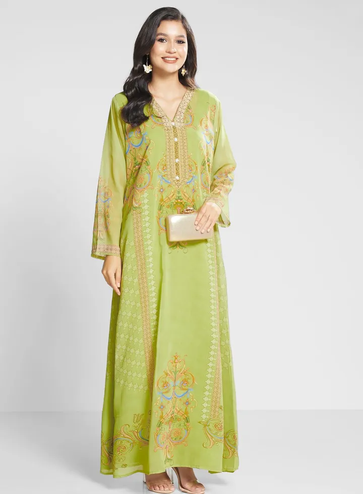 V-Neck Floral Printed Jalabiya