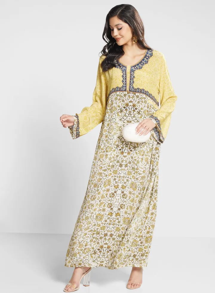 Floral Printed Cape Sleeve Jalabiya