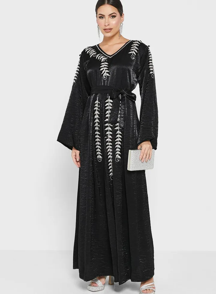 V-Neck Embellished Belted Jalabiya