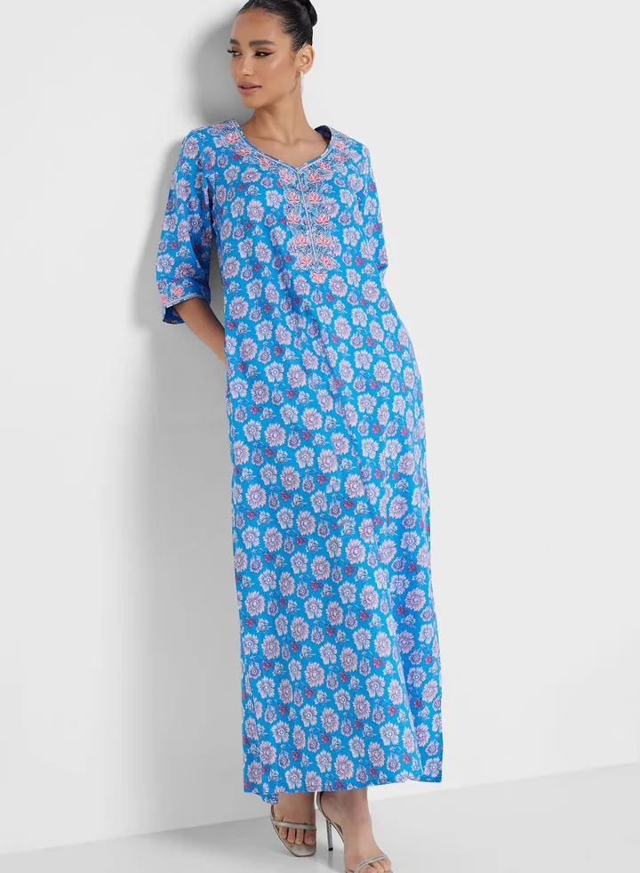 V-Neck Floral Jalabiya