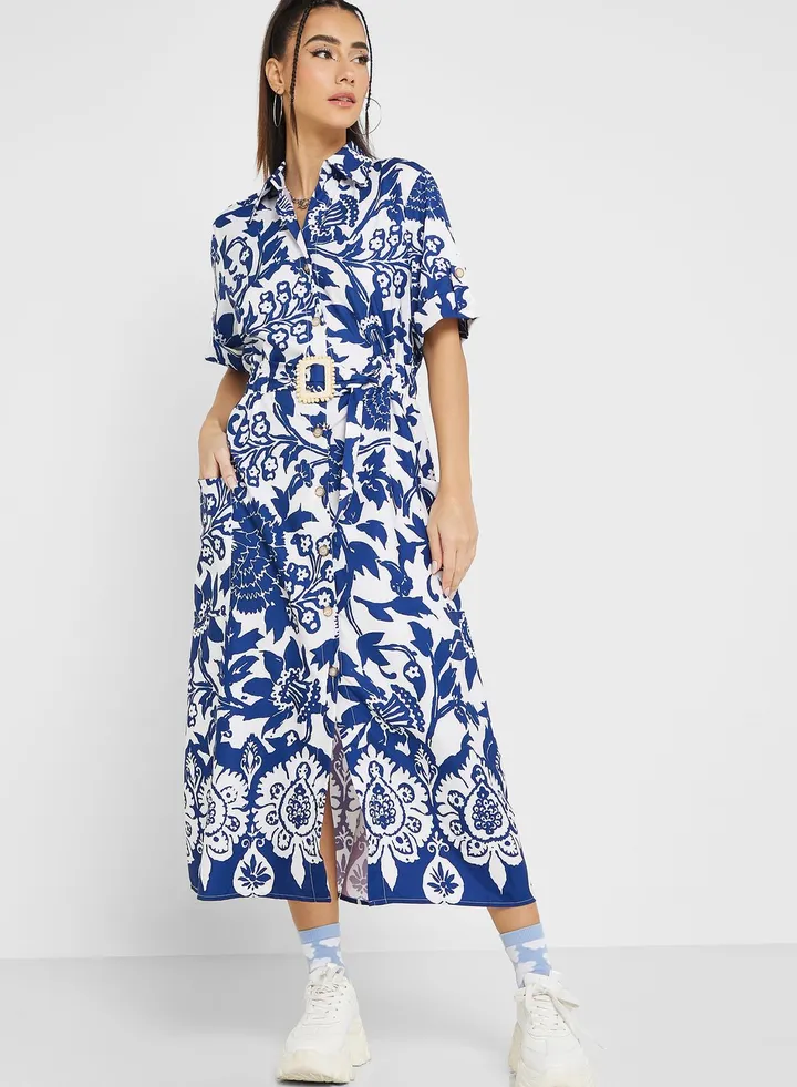 Printed Belt Detail Shirt Dress
