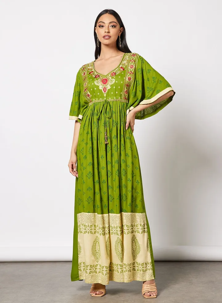 Casual Embroidered V-Neck Jalabiya For Women