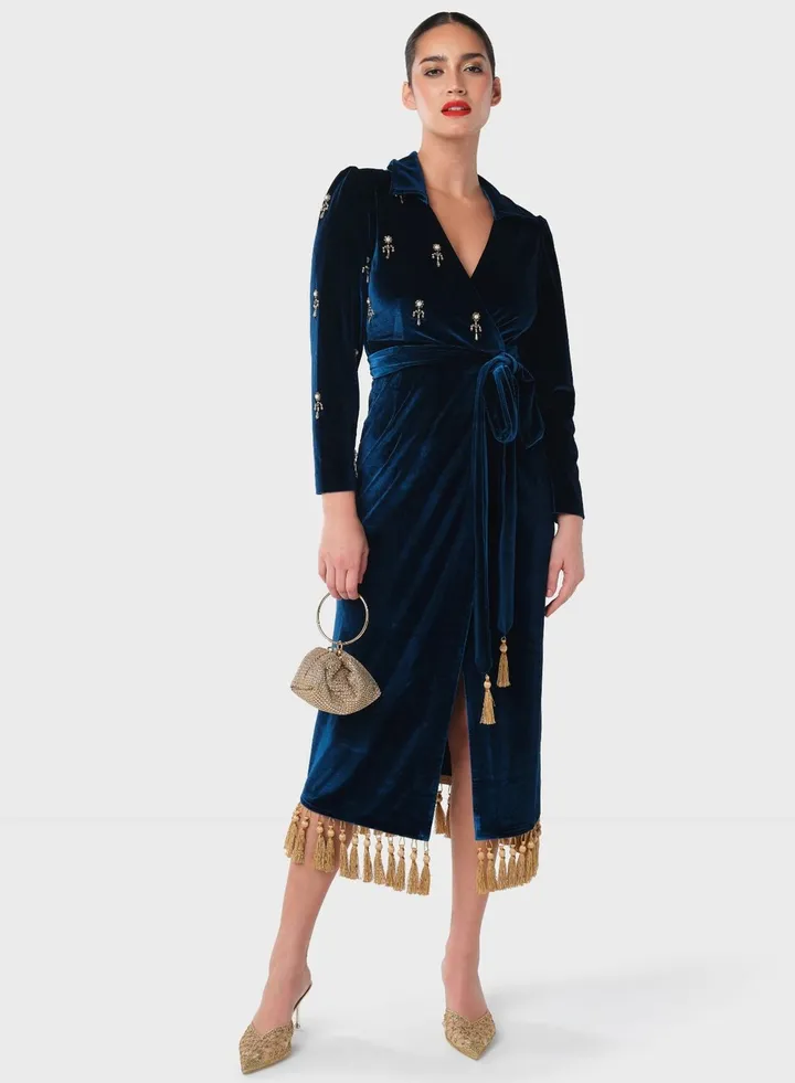 Tassel Hem Velvet Dress