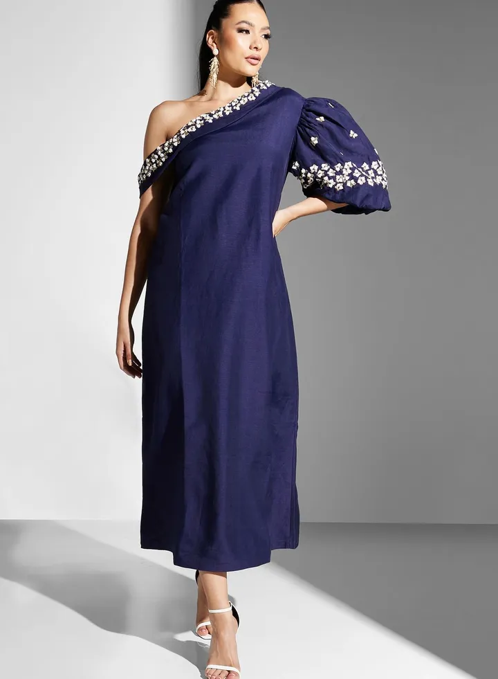 One Shoulder Balloon Sleeve Dress