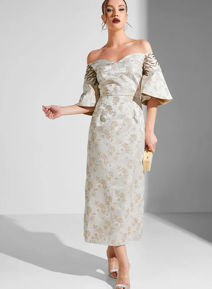 Bardot Sweetheart Neck Flute Sleeve Dress