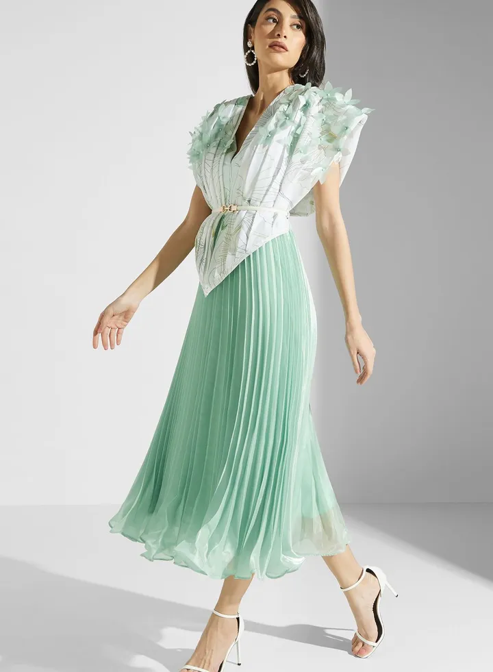 Plisse Belted Embellished Dress