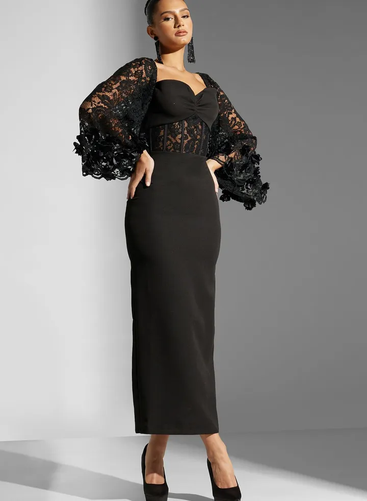 Sweetheart Neck Lace Sleeve Dress