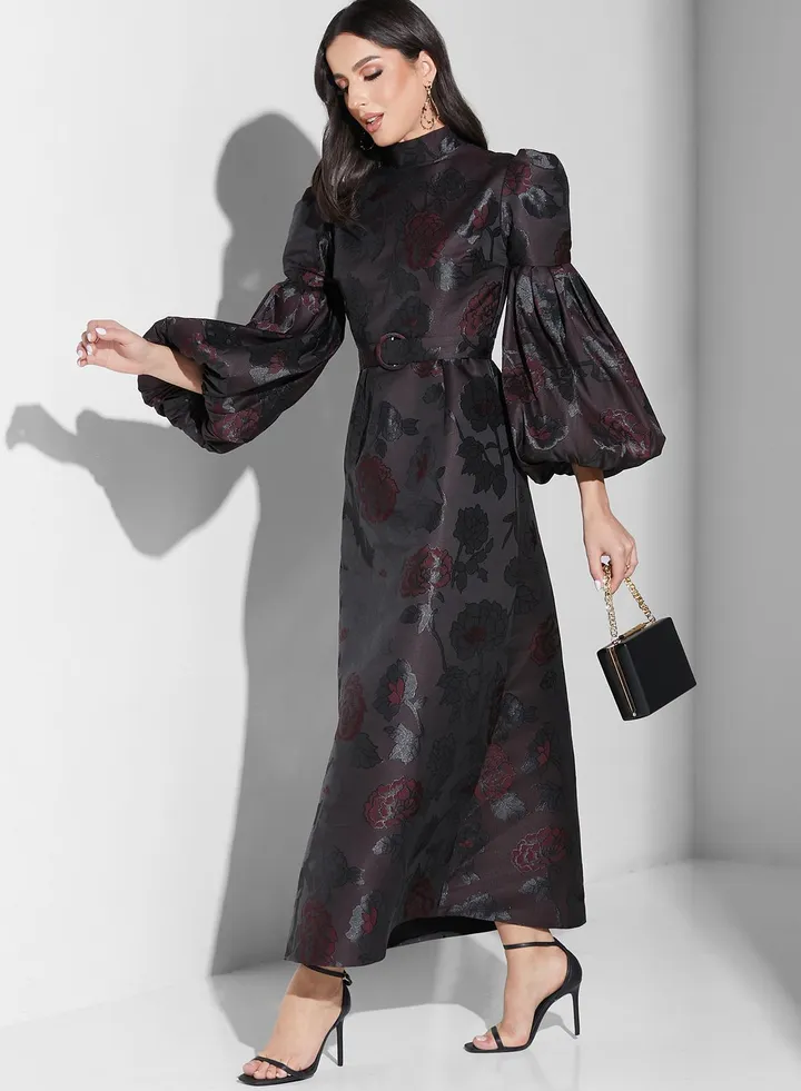Belted Balloon Sleeve Dress