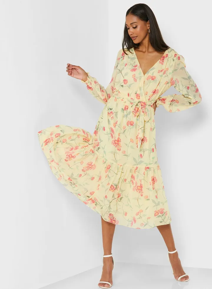 V-Neck Balloon Sleeve Floral Print Dress