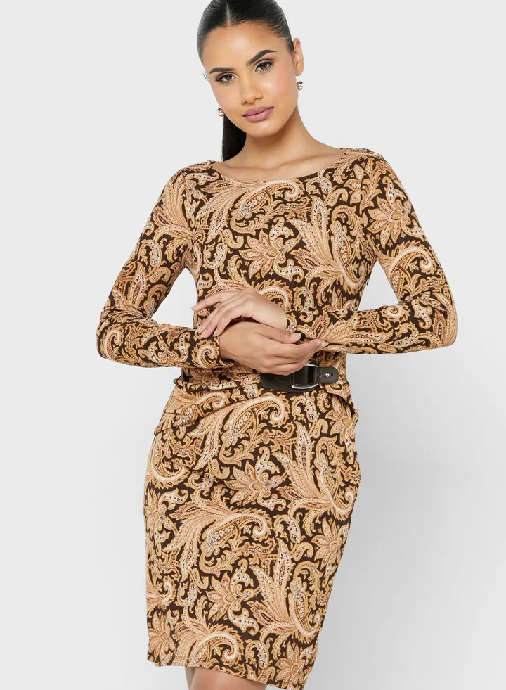 Printed Belt Detail Dress