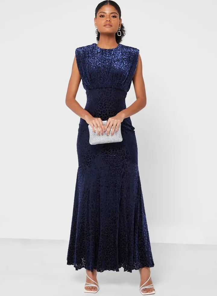 Little Mistress Navy Animal Print Velvet Maxi Dress