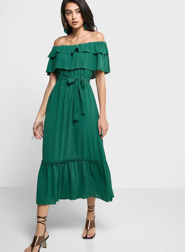 Ruffle Detail Bardot Dress
