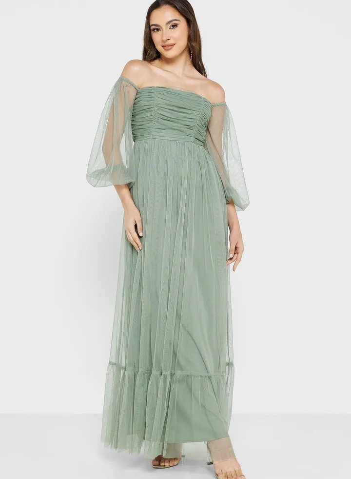 Bardot Ruched Balloon Sleeve Dress